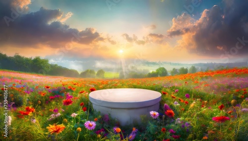 3d render of Abstract minimal display podium for showing products or cosmetic presentation with summer beach scene. Summer time flowers in the lake  flowers in the mountains