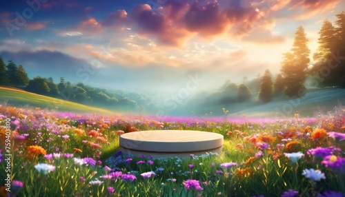 3d render of Abstract minimal display podium for showing products or cosmetic presentation with summer beach scene. Summer time flowers in the lake, flowers in the mountains © Rahmat 