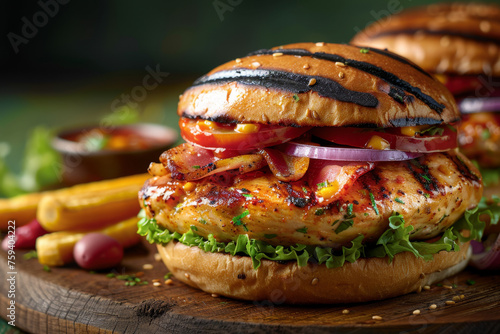 High-Quality Macro Grilled Chicken Sandwich on Wooden Tray Gen AI photo