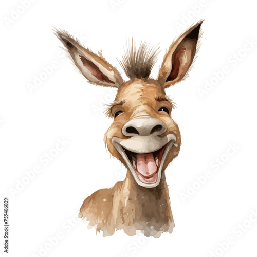 cute funny donkey laughing in watercolor painting style