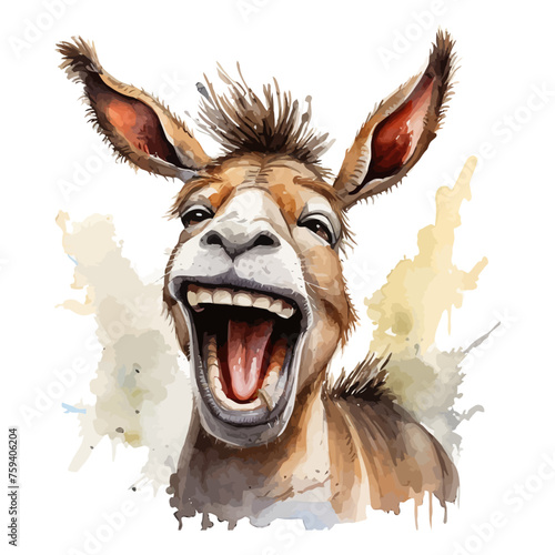 cute funny donkey laughing in watercolor painting style