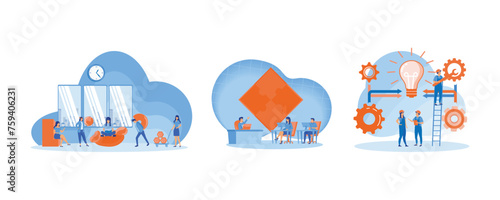 People organize abstract geometric shapes scattered around them. Teamwork office computer. Group of young business people collaborating. Set flat vector modern illustration