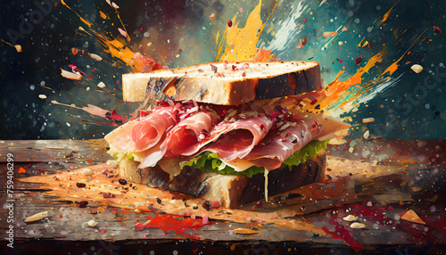 Abstract exploding photon Sandwich with prosciutto on wooden acrylic paint maximalism on digital art concept, Generative AI. © Watercolor_Concept