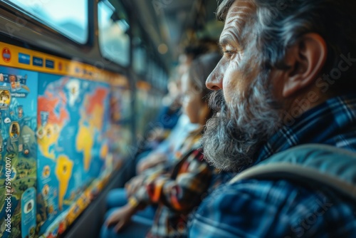 Older man and child looking out bus window, contemplative, colorful interior. photo