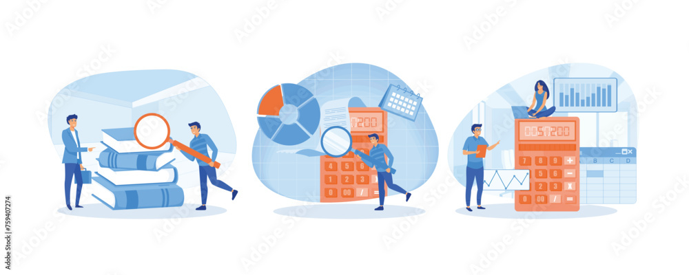 Business people on backdrop of huge files of documents. Man looking through magnifying glass at bill, check or invoice. Make balance sheet easier with software. Set flat vector modern illustration