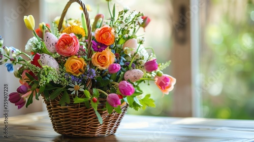 An Easter flower arrangement bouquet in a basket with Easter eggs stands on the festive dining table on Easter morning.
