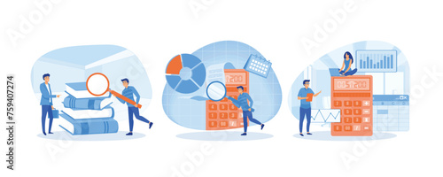 Business people on backdrop of huge files of documents. Man looking through magnifying glass at bill, check or invoice. Make balance sheet easier with software. Set flat vector modern illustration