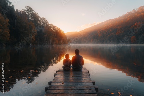 Two people sitting on a dock looking over a misty lake at sunrise. photo
