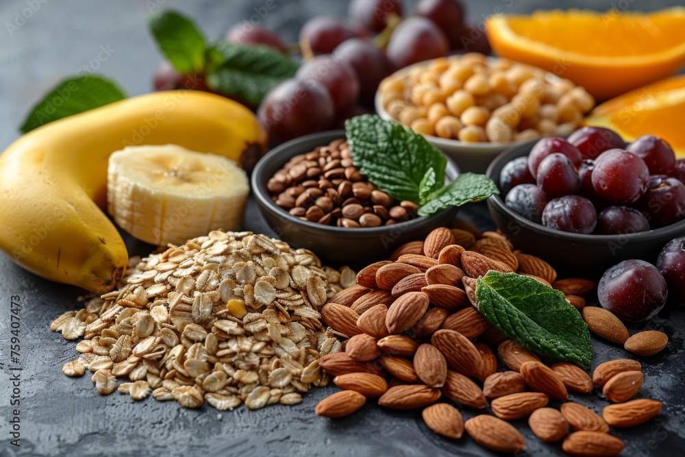 Obraz premium Healthy food selection with fruits, almonds, and oats.