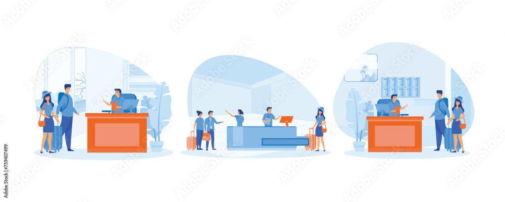 Receptionist job concept. Receptionist welcomes the guest. People staying at modern hotel. Set flat vector modern illustration