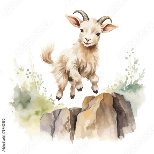 Cute goat cartoon jumping on the rock in watercolor painting style © Fauziah