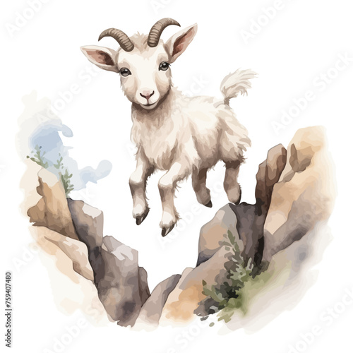 Cute goat cartoon jumping on the rock in watercolor painting style © Fauziah