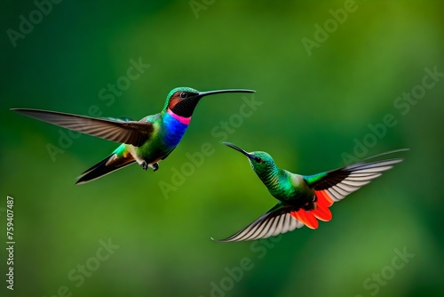 A male Black-throated Mango hummingbird hovering in the air with a green blurred background. Wildlife in nature. Bird in wild