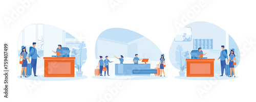 Receptionist job concept. Receptionist welcomes the guest. People staying at modern hotel. Set flat vector modern illustration