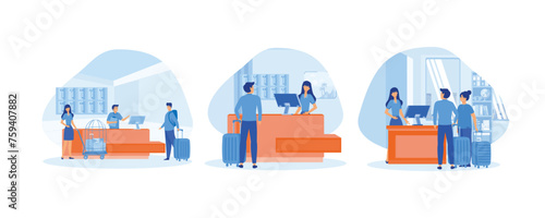 Hotel reception concept. Male customer standing at reception desk and talking to female receptionist. Scene of a visit to a service center. Set flat vector modern illustration