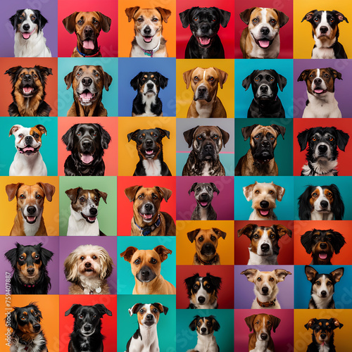 Collection of photos of various dogs from all breeds Including dogs of all pedigree and geography in the world on a vibrant backgrounds. For pet advertise.