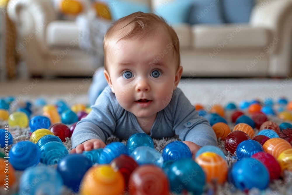 An infant lies on the carpet, eyes wide with wonder, surrounded by colorful plastic balls, a scene of playful discovery.
An infant lies on the carpet, eyes wide with wonder, surrounded by colorful plastic balls, a scene of playful discovery.