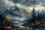 mountain river trees gloss liquid clouds snowing forest patches yellow sky white silver long brush strokes