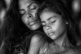 A mother and daughter in a serene black and white portrait, closed eyes and calm expressions portraying a peaceful embrace.

