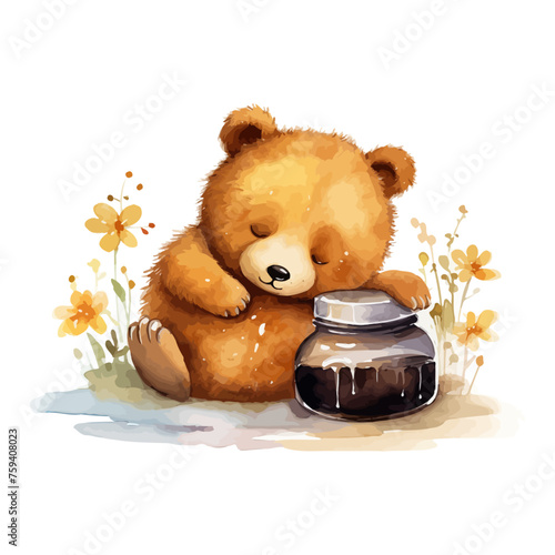 Cute honey bear sleeping in watercolor painting style