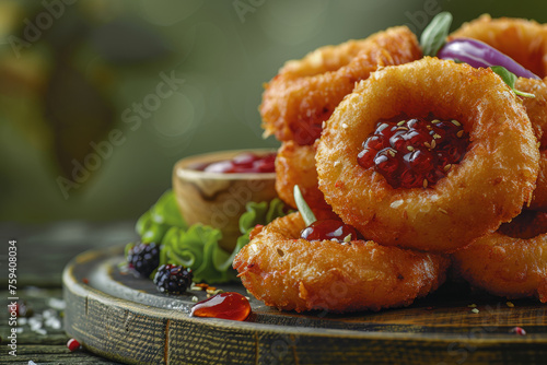 Crispy Onion Rings on Wooden Tray Close-up Gen AI photo