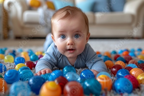 An infant lies on the carpet, eyes wide with wonder, surrounded by colorful plastic balls, a scene of playful discovery.

