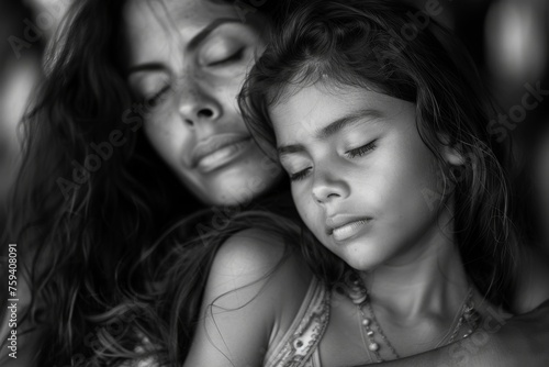A mother and daughter in a serene black and white portrait, closed eyes and calm expressions portraying a peaceful embrace.