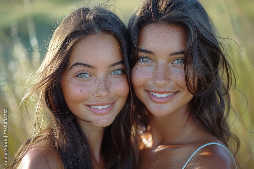 Two smiling young women with sparkling eyes and sun-kissed hair stand amidst golden light, showcasing the warmth of sisterhood. Two smiling young women with sparkling eyes and sun-kissed hair stand amidst golden light, showcasing the warmth of sisterhood.