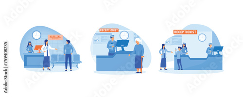 Hospital receptionist. Hospital receptionist giving old woman information. Reception in hospital with patients. Set flat vector modern illustration