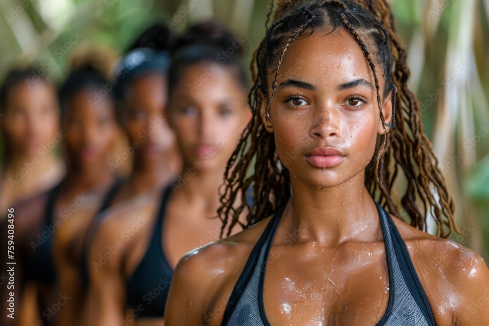 A group of women engage in an intense workout surrounded by nature.