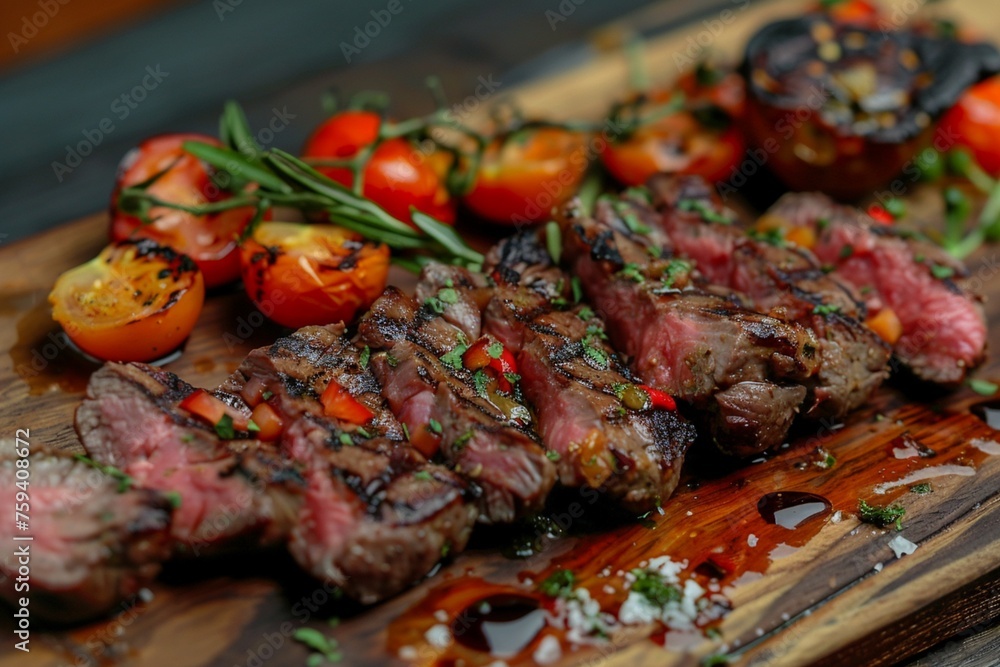Delicious, juicy, thick slices of grilled fillet steak presented on an antique wooden board with roasted veggies and tomatoes.