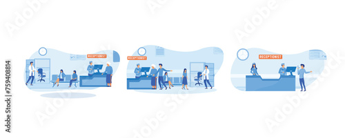 Hospital reception good work in clinic assist patients. Patients at a hospital reception desk registering. Hospital reception concept. Set flat vector modern illustration
