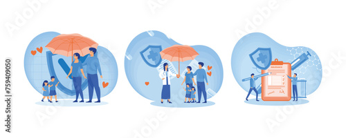 Family standing under insurance umbrella together. Doctor and Patients in Hospital filling Health and Life Insurance Policy Contract. Man fills out health insurance. Set flat vector modern illustratio