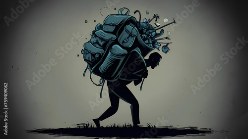 Silhouette of a man carrying a heavy backpack The backpack represents the burden and weight that anxiety can impose. Anxiety conceptual illustration. photo