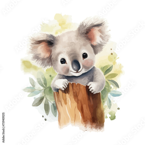 Cute little koala cartoon on stump tree with watercolor painting style