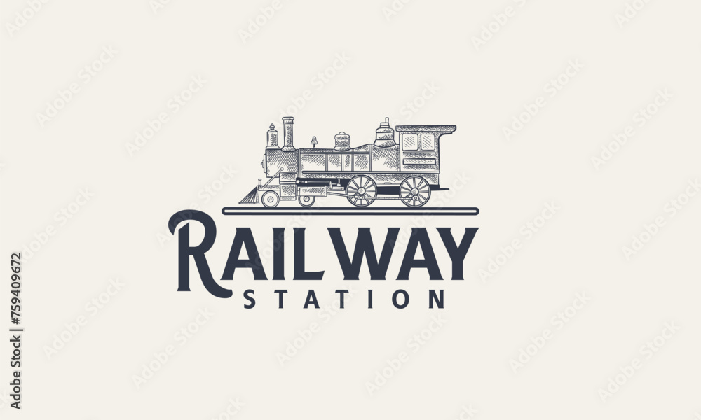 Locomotive logo illustration, vintage Railway Station hand drawn style emblem