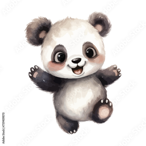 Cute panda cartoon jumping in watercolor painting style