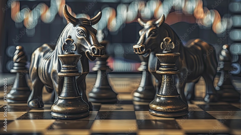 Bull and bear chess pieces on a chessboard, the bull advancing, against financial charts, symbolizing market strategies. - obrazy, fototapety, plakaty 