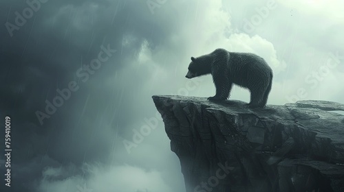Bear on cliff gazes at steep chart, stormy sky, pondering risk aversion and market hurdles. photo