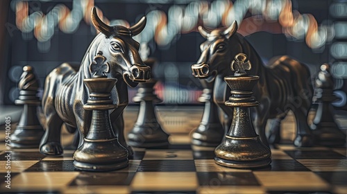 Bull and bear chess pieces on a chessboard, the bull advancing, against financial charts, symbolizing market strategies. photo