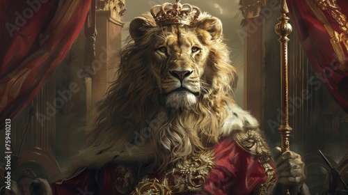 A regal lion  encased in a royal emblem  wields a scepter and shield  standing before an imperial structure  symbolizing power and guidance.