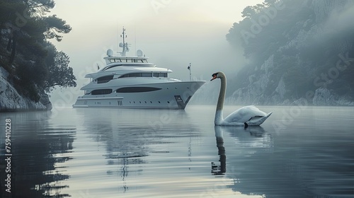 Fototapeta Naklejka Na Ścianę i Meble -  A majestic swan on a calm, misty morning in a secluded cove, surrounded by premium yachts, symbolizing elite maritime luxury and tranquility.