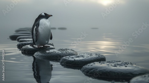 A penguin leaps over marked milestones on stepping stones  showcasing focused progress in a serene pool.