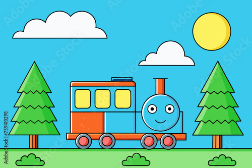 A train passes by a lush green forest.