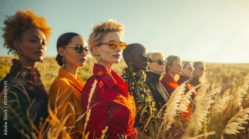 Diverse female models in stylish outfits - Group of diverse female models with stylish outfits and sunglasses in a field during golden hour