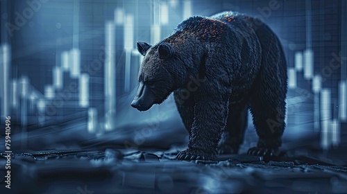 A bear casting a long shadow over a descending stock chart, set against a cool blue background, symbolizing market downturns and investor wariness.