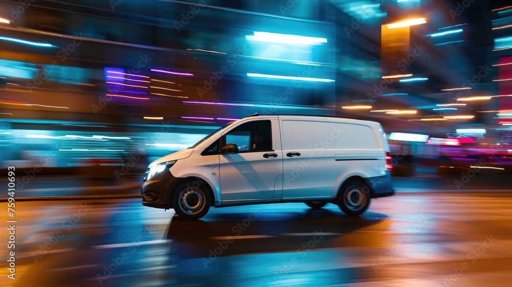 Speeding white van on illuminated urban street - A white van is captured in motion on a bustling urban road at night, showcasing the energy of city transport
