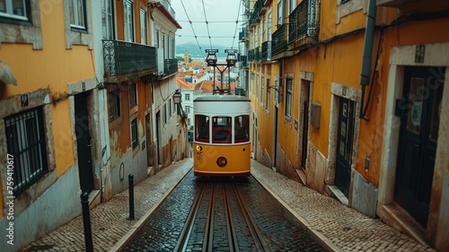 Old yellow tram on historic city streets - A classic yellow tram meanders through the narrow streets of a historical city, capturing a sense of nostalgia and the charm of urban exploration