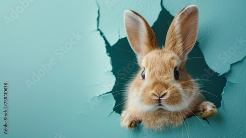 Rabbit with ears through teal cracked wall - This image shows a rabbit s ears popping through a bold teal wall with cracks  evoking a sense of playfulness and escape