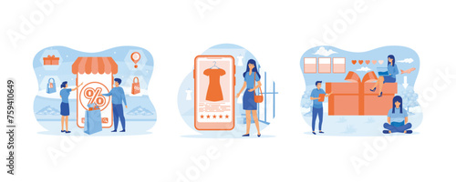Internet digital store scene with woman on shopping. Mobile online shopping. Business presentation, advertising material. Set flat vector modern illustration